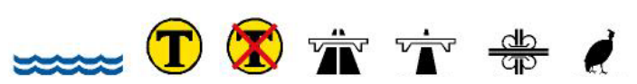 Location symbols identify the place or route feature